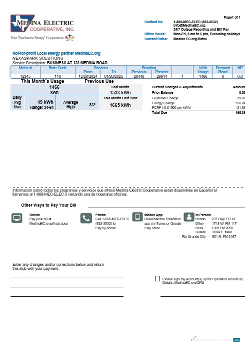 USA Texas Medina Electric business utility bill template in Word and PDF formats